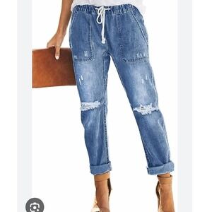 Metietila Distressed Ripped Jeans High Rise Elastic Waist Drawstring Denim Pants